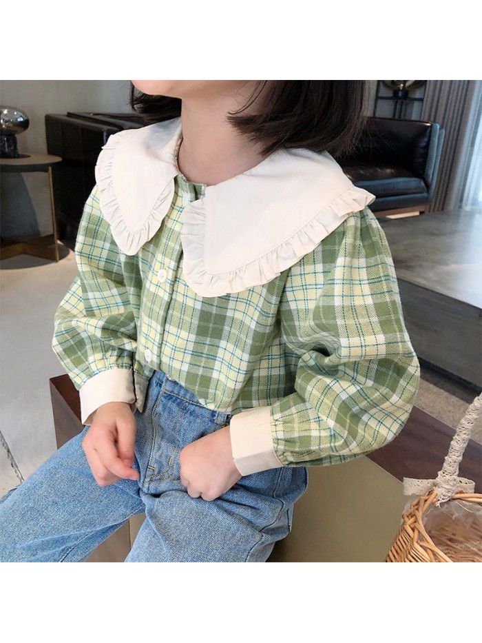  autumn new girls' Plaid Shirt doll collar baby long sleeve top children's loose shirt fashion 
