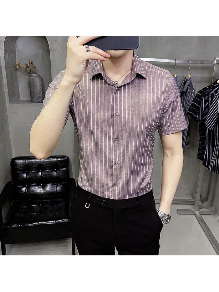  summer new men's Short Sleeve Shirt Korean casual Lapel Plaid professional thin short sleeve shirt men's 