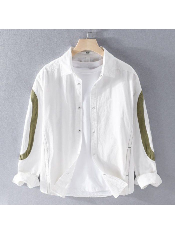 New casual men's long sleeve cotton shirt trend splicing color contrast retro youth shirt 9449 