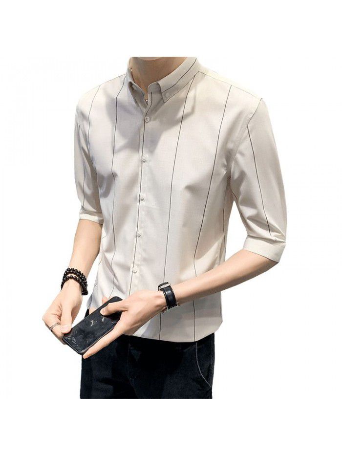  counter new men's medium sleeve shirt Korean version slim Lapel Stripe Shirt cardigan men's professional top 