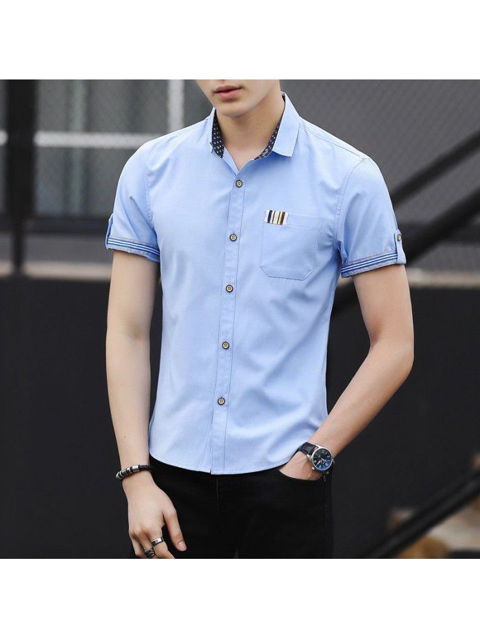 Men's shirt popular in summer of , Korean version, slim fit, solid color, versatile half sleeve shirt, men's shirt, one hair substitute 
