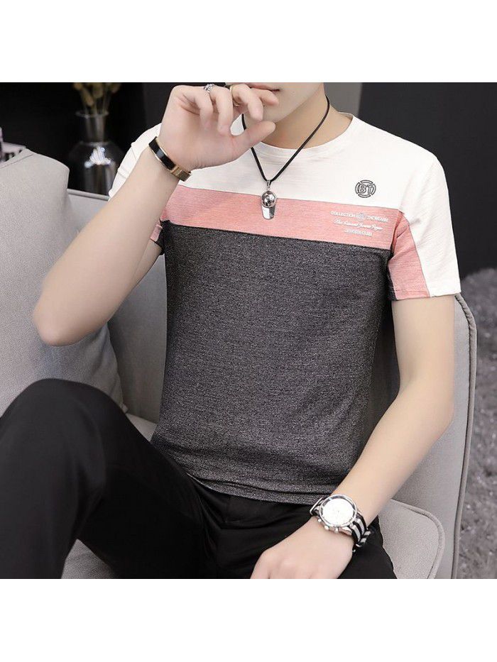  new summer men's short sleeve cotton t-shirt men's casual slim round neck color matching base shirt men's wholesale 