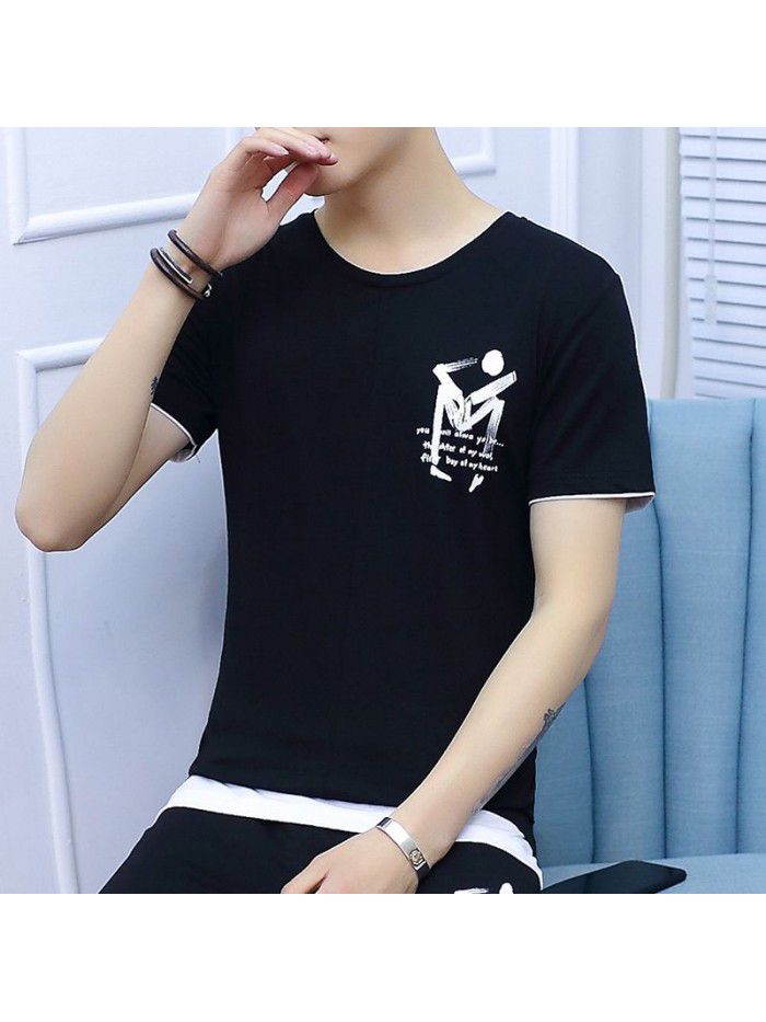  summer new short sleeve t-shirt men's slim fitting men's T-shirt round neck trend half sleeve T-shirt breathable base shirt 