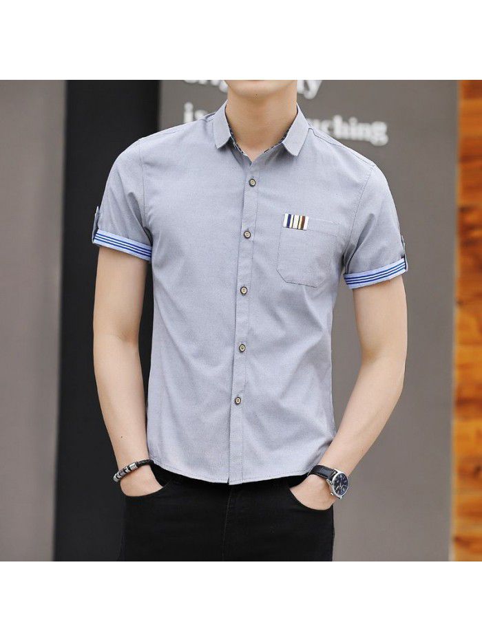Men's shirt popular in summer of , Korean version, slim fit, solid color, versatile half sleeve shirt, men's shirt, one hair substitute 