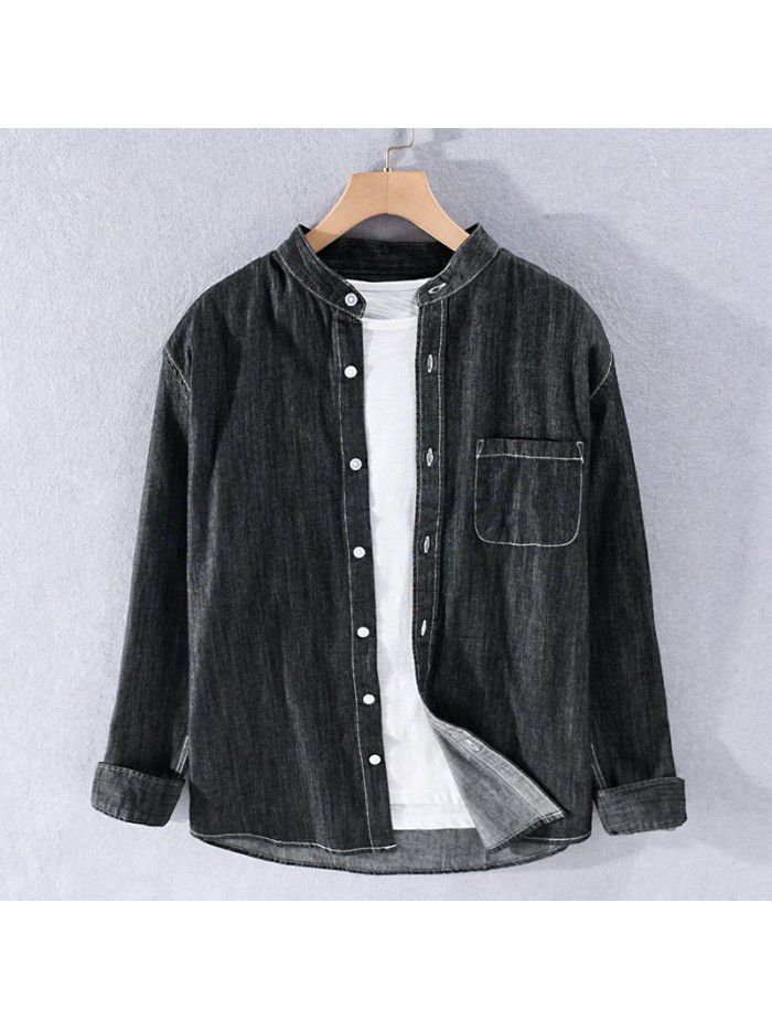 Japanese fashion long sleeve denim shirt men's autumn retro leisure youth art loose cotton shirt 9408 