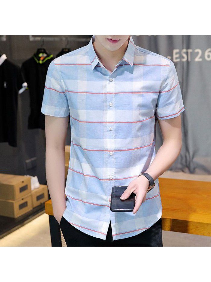  summer new men's short sleeve shirt fashion men's casual Plaid Lapel shirt cardigan men's thin top 