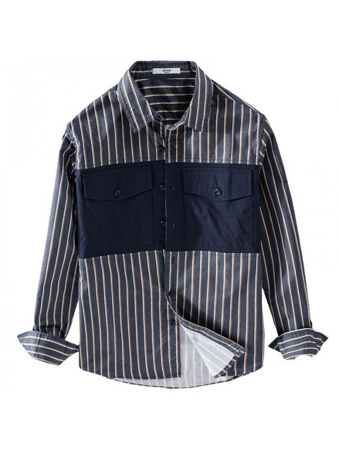 Japanese casual long sleeve men's shirt fashion stripe youth cotton shirt fashion men's color matching top 9730 