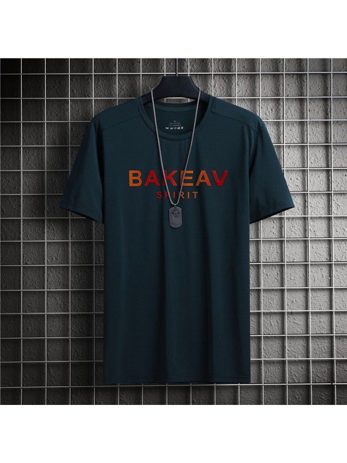 Ice cool and breathable short sleeve t-shirt men's quick drying mesh large air conditioner elastic summer men's T-shirt half sleeve 
