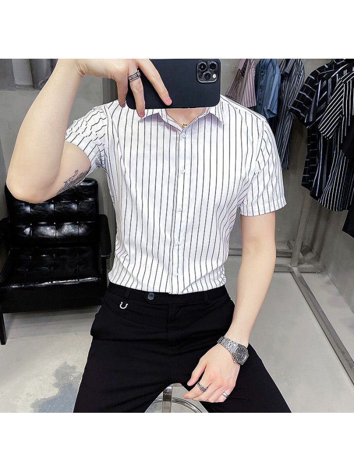  summer new men's Short Sleeve Shirt Korean casual Lapel Plaid professional thin short sleeve shirt men's 