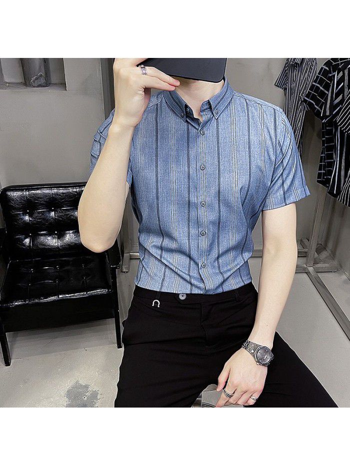  summer new men's Short Sleeve Shirt Korean casual Lapel Plaid professional thin short sleeve shirt men's 