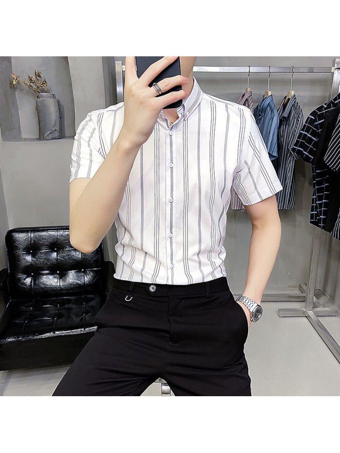  summer new men's Short Sleeve Shirt Korean casual Lapel Plaid professional thin short sleeve shirt men's 