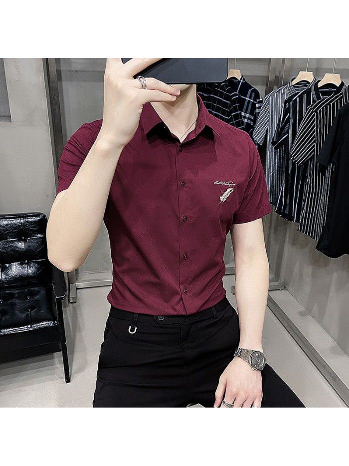  summer new men's Short Sleeve Shirt Korean casual Lapel Plaid professional thin short sleeve shirt men's 