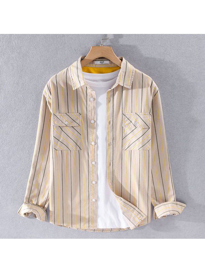 Men's spring and autumn casual stripe Japanese and Korean fashion shirt pure cotton loose and handsome versatile fashionable men's cotton shirt 9345 