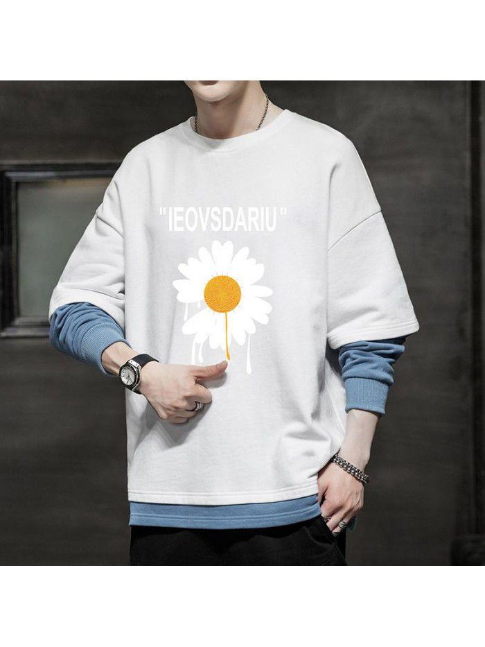  popular long sleeve t-shirt men's fashion Little Daisy loose round neck tooling Inst shirt men's National Fashion Top 