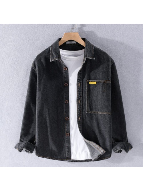 Japanese Long Sleeve denim shirt men's fashio...