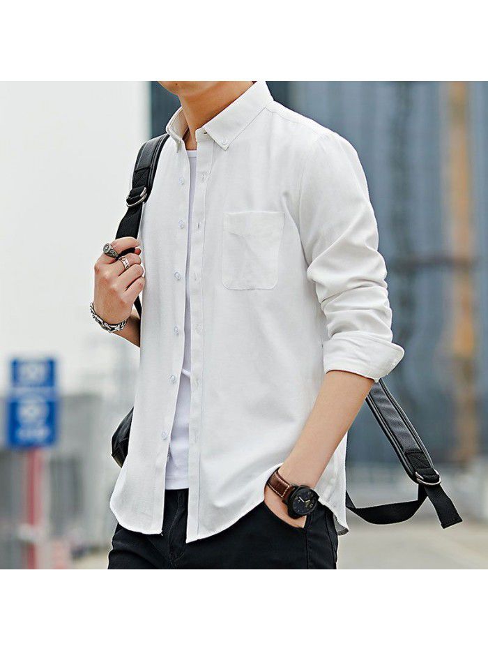men's long sleeve shirt spring autumn casual slim solid color shirt Korean version shirt men's student trend 