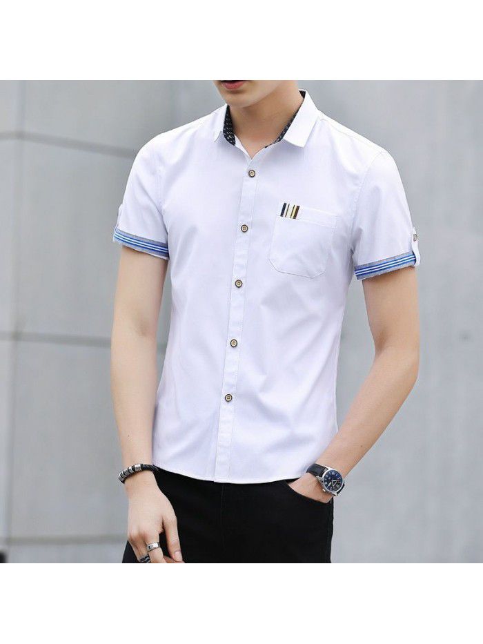 Men's shirt popular in summer of , Korean version, slim fit, solid color, versatile half sleeve shirt, men's shirt, one hair substitute 
