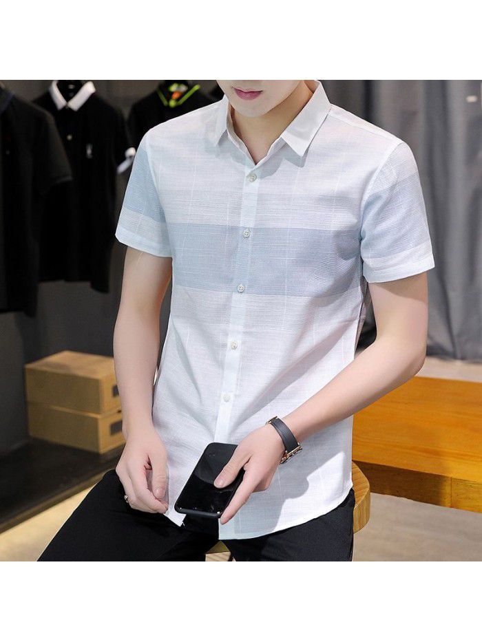  summer new men's short sleeve shirt fashion men's casual Plaid Lapel shirt cardigan men's thin top 
