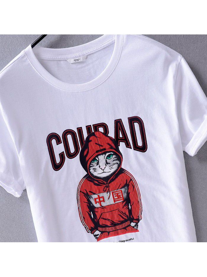 New summer cotton short sleeve men's T-shirt kitten letter printing loose men's casual T-shirt 8909 