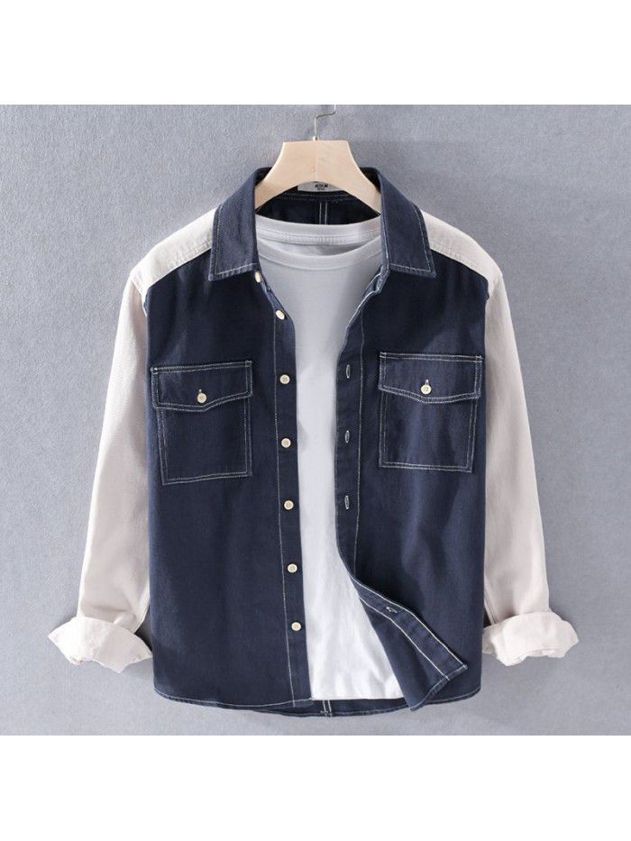 Spring new men's color matching cotton shirt fashion men's casual cool popular Japanese shirt men's 9450 