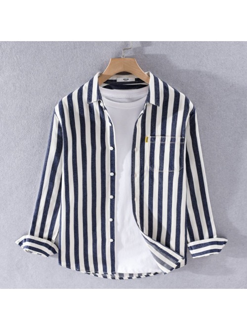 Men's Japanese fresh casual striped cotton sh...