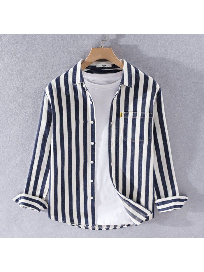 Men's Japanese fresh casual striped cotton shirt trend versatile fashion coat youth art cotton shirt 9724 