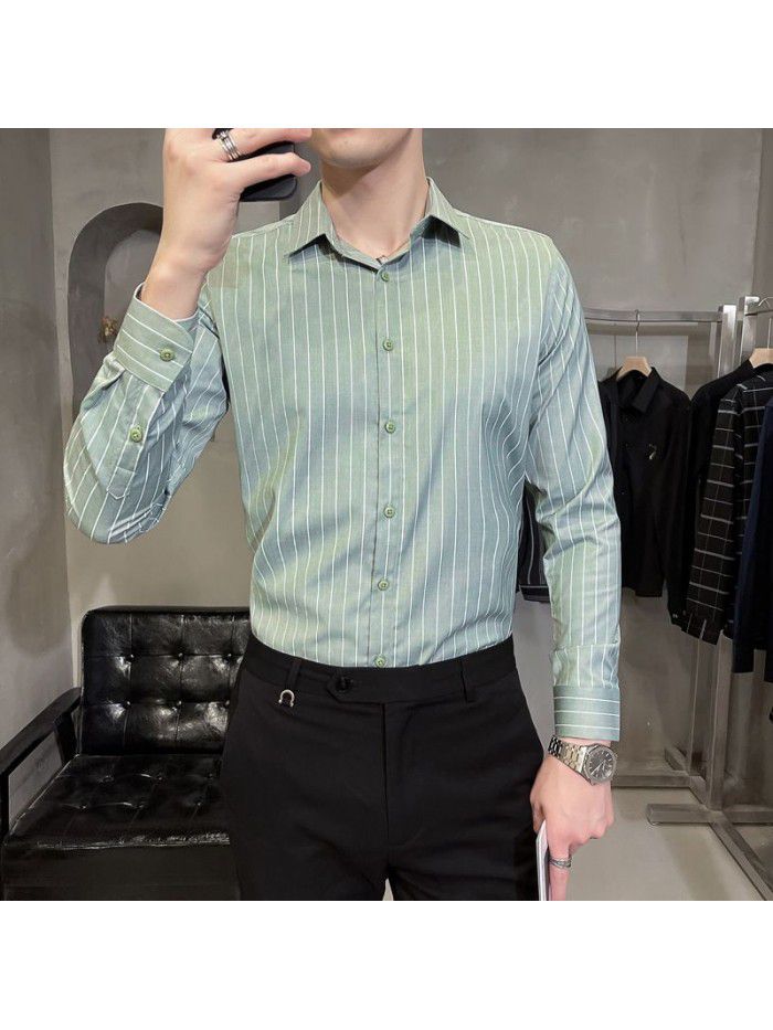 spring and summer shirt men's Korean version slim Lapel men's Striped Shirt Men's casual business professional shirt 