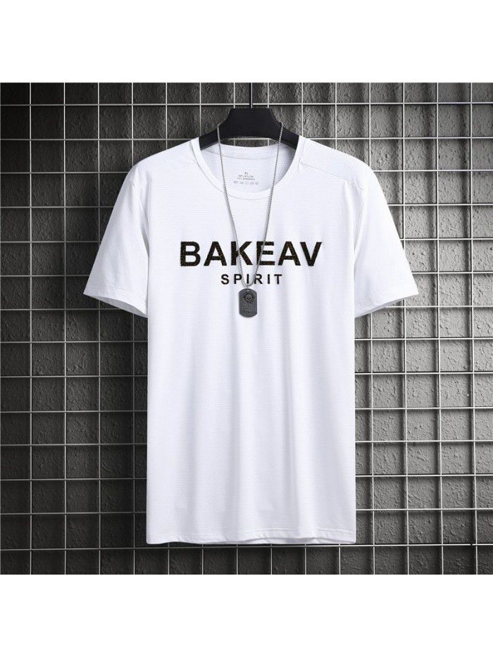 Ice cool and breathable short sleeve t-shirt men's quick drying mesh large air conditioner elastic summer men's T-shirt half sleeve 