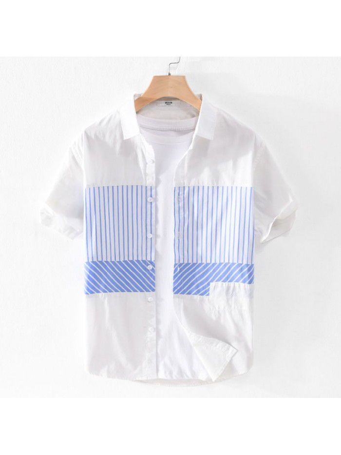 Fashion splicing summer new men's shirt stripe casual loose art small fresh thin cotton shirt 9738 