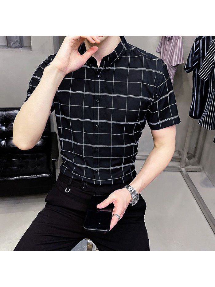  summer new men's Short Sleeve Shirt Korean casual Lapel Plaid professional thin short sleeve shirt men's 