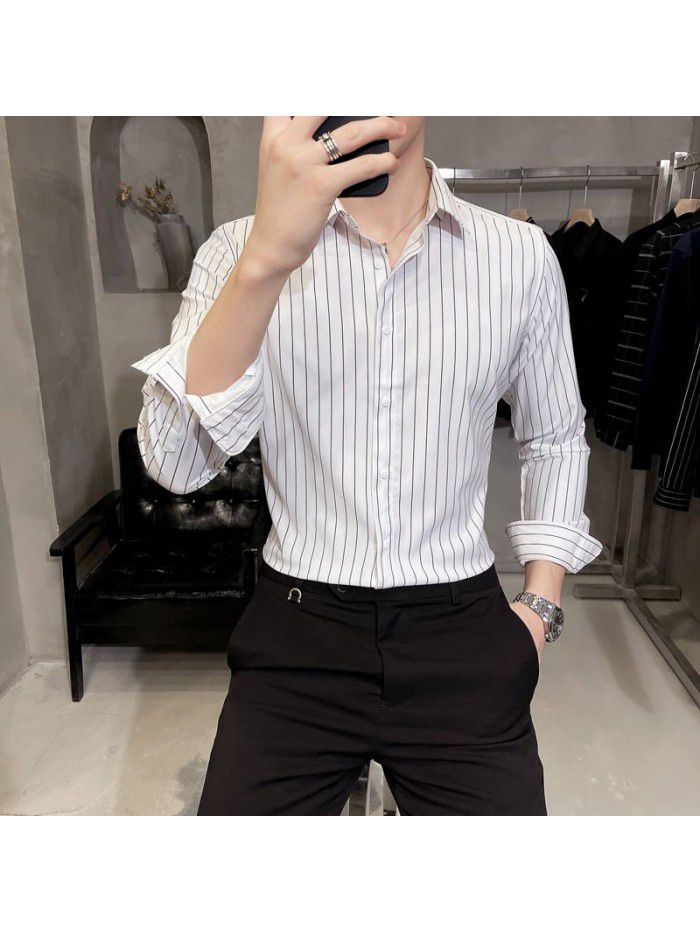  spring and summer shirt men's Korean version slim Lapel men's Striped Shirt Men's casual business professional shirt 