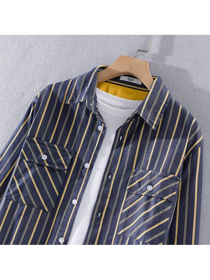 Men's spring and autumn casual stripe Japanese and Korean fashion shirt pure cotton loose and handsome versatile fashionable men's cotton shirt 9345 