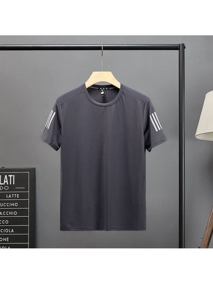 Ice silk breathable short sleeve t-shirt men's summer solid color quick drying T-shirt bottom coat round neck top dress summer dress large size 