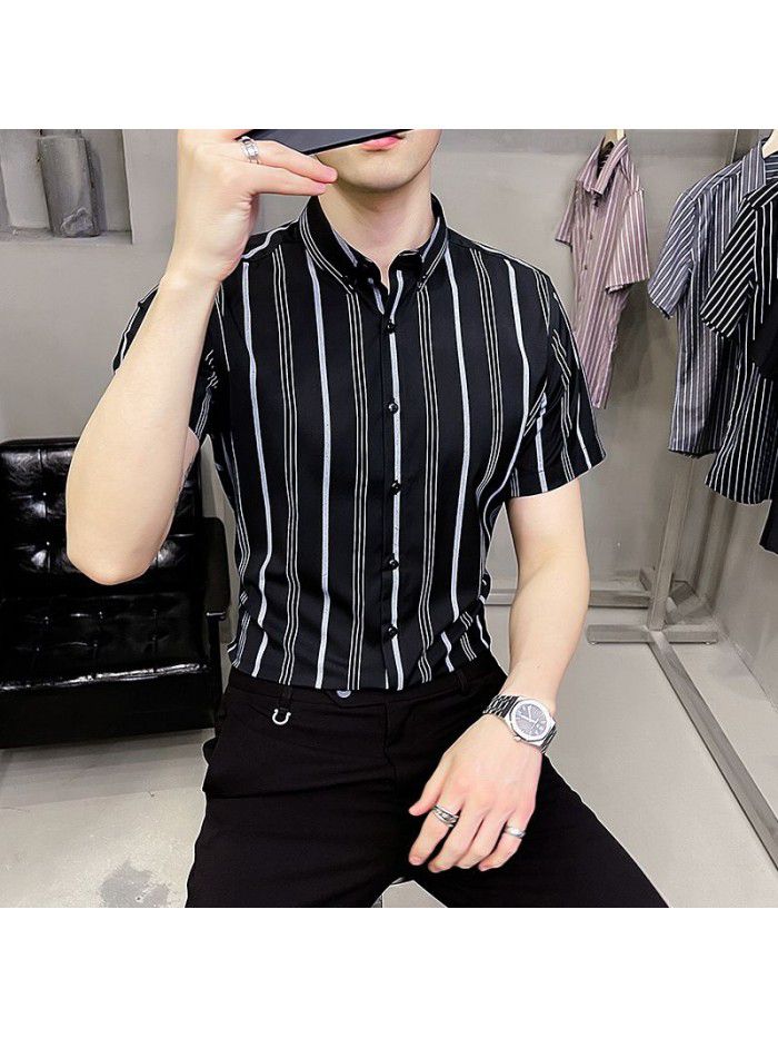  summer new men's Short Sleeve Shirt Korean casual Lapel Plaid professional thin short sleeve shirt men's 