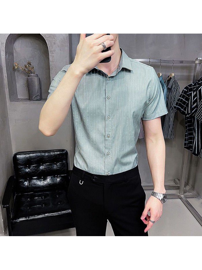  summer new men's Short Sleeve Shirt Korean casual Lapel Plaid professional thin short sleeve shirt men's 