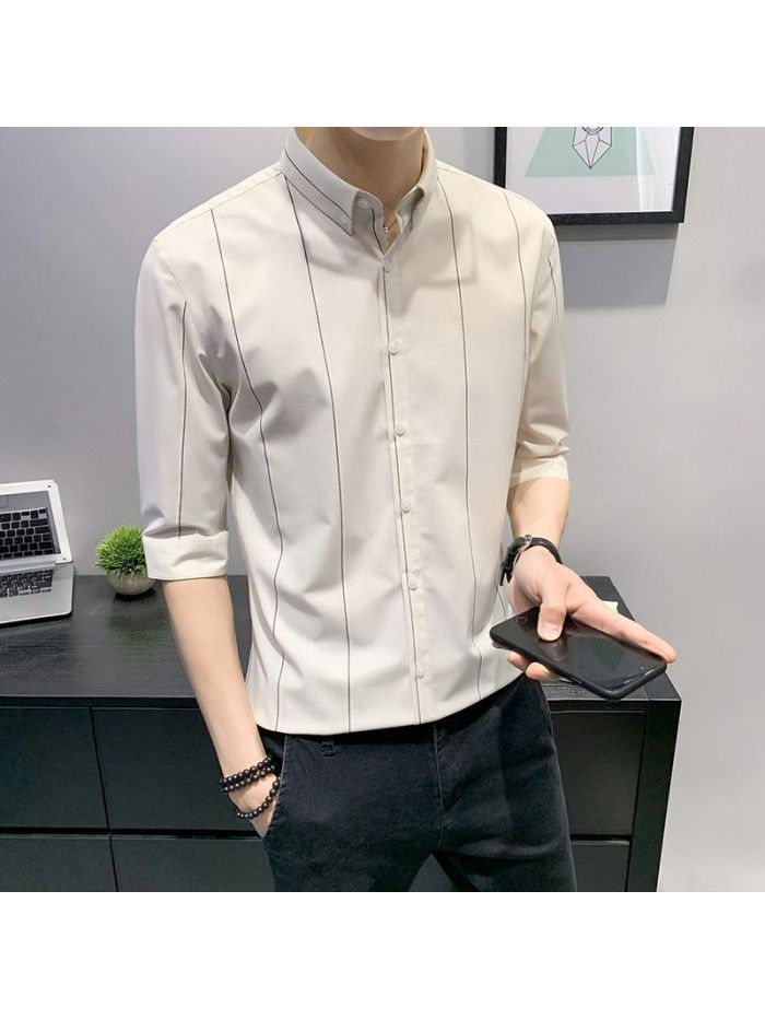  counter new men's medium sleeve shirt Korean version slim Lapel Stripe Shirt cardigan men's professional top 