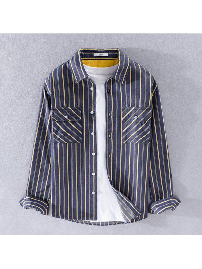 Men's spring and autumn casual stripe Japanese and Korean fashion shirt pure cotton loose and handsome versatile fashionable men's cotton shirt 9345 