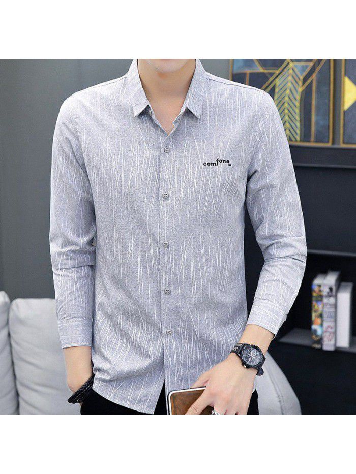 new men's leisure Long Sleeve Shirt Youth slim fit no iron shirt men's Korean fashion student 