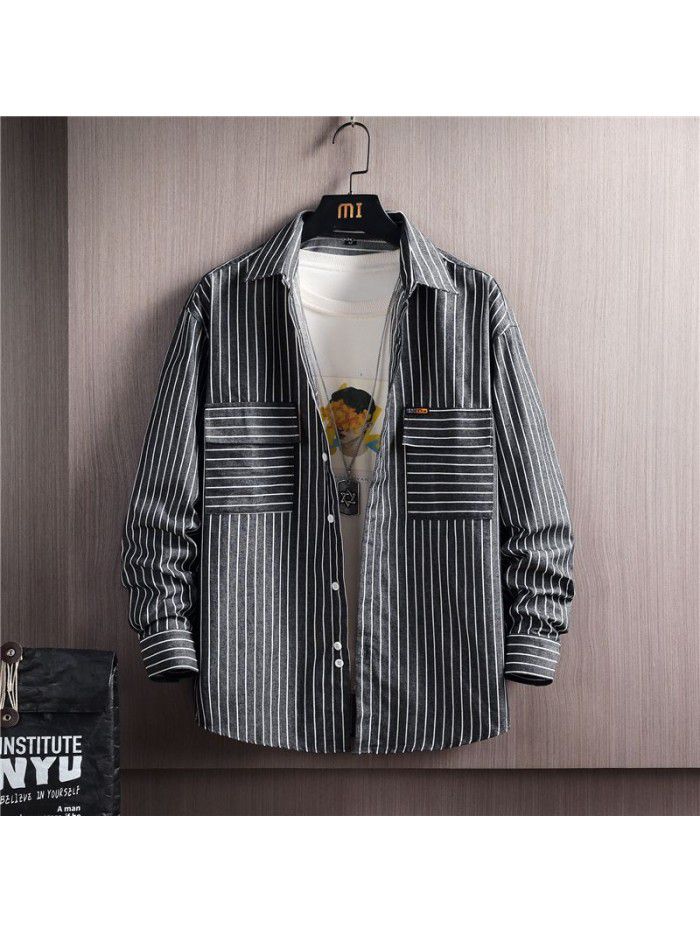Autumn men's long sleeve shirt Korean casual Stripe Shirt Men's cotton shirt cardigan men's top 