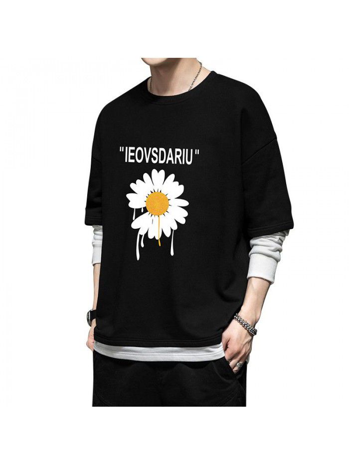  popular long sleeve t-shirt men's fashion Little Daisy loose round neck tooling Inst shirt men's National Fashion Top 
