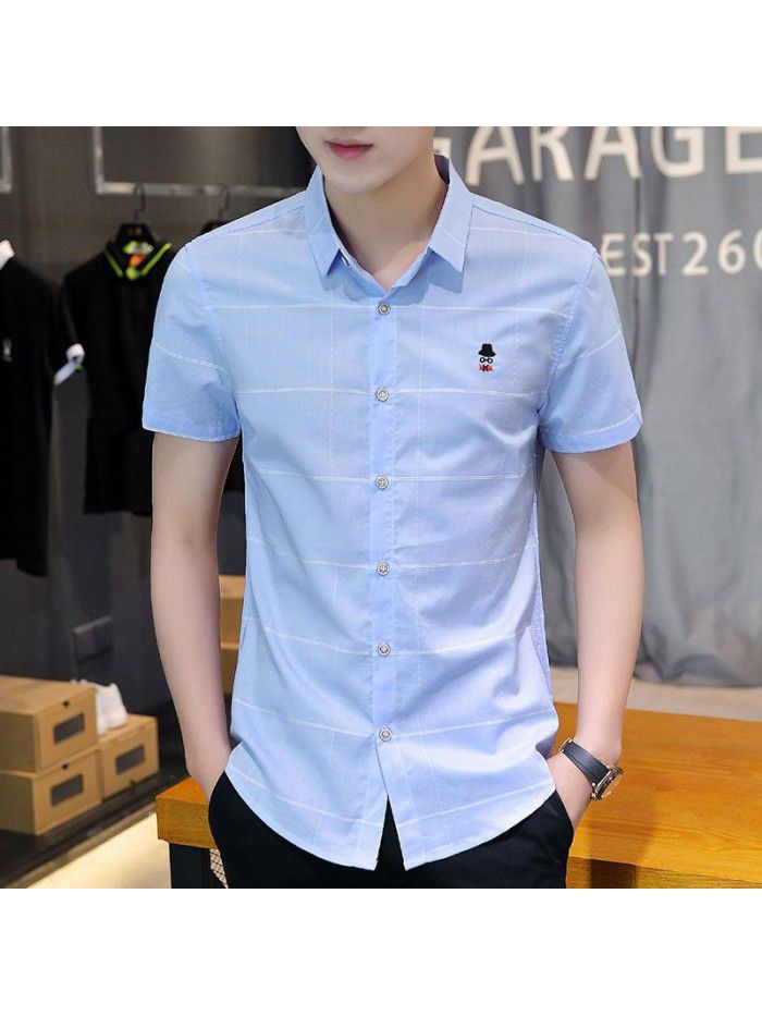  summer new men's short sleeve shirt fashion men's casual Plaid Lapel shirt cardigan men's thin top 