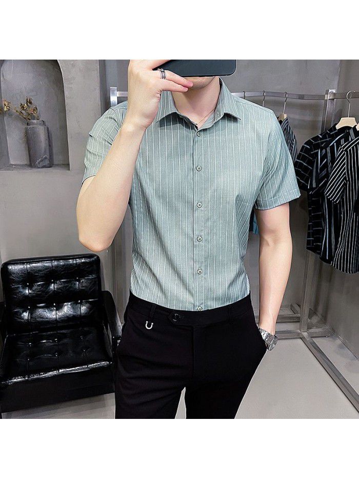 summer new men's Short Sleeve Shirt Korean casual Lapel Plaid professional thin short sleeve shirt men's 