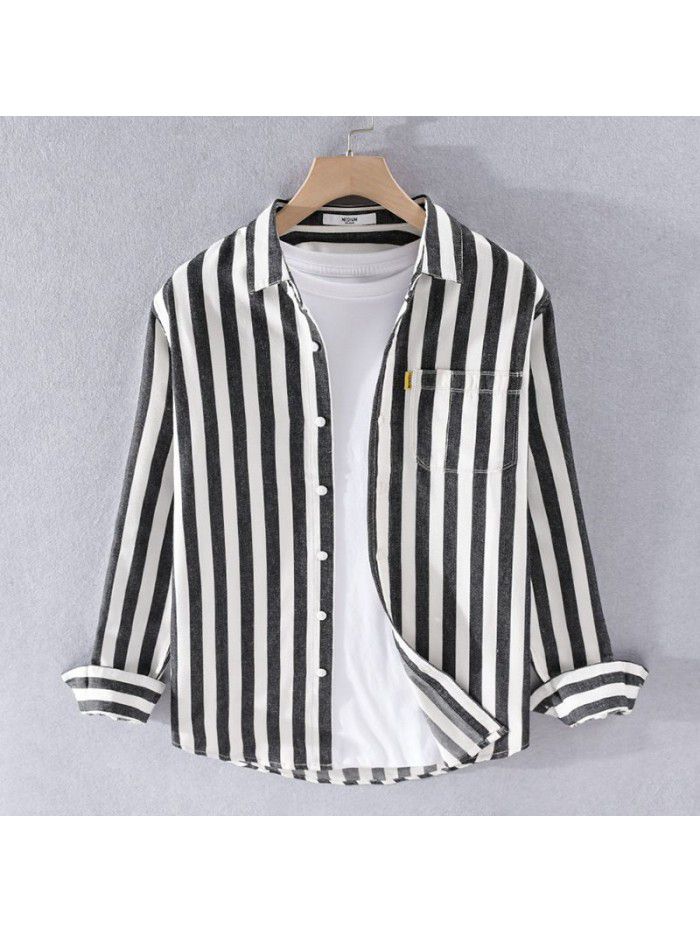 Men's Japanese fresh casual striped cotton shirt trend versatile fashion coat youth art cotton shirt 9724 