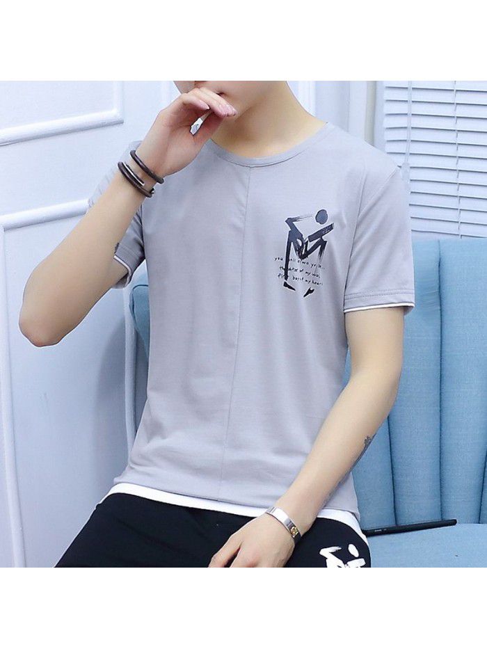  summer new short sleeve t-shirt men's slim fitting men's T-shirt round neck trend half sleeve T-shirt breathable base shirt 