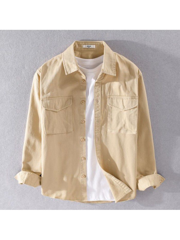 Men's spring and autumn Cotton Long Sleeve Shirt loose casual youth pure color cotton shirt coat simple versatile 9370 