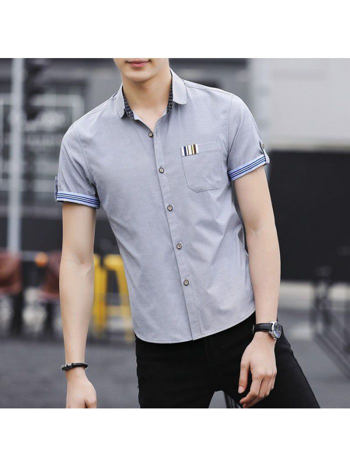 Men's shirt popular in summer of , Korean version, slim fit, solid color, versatile half sleeve shirt, men's shirt, one hair substitute 