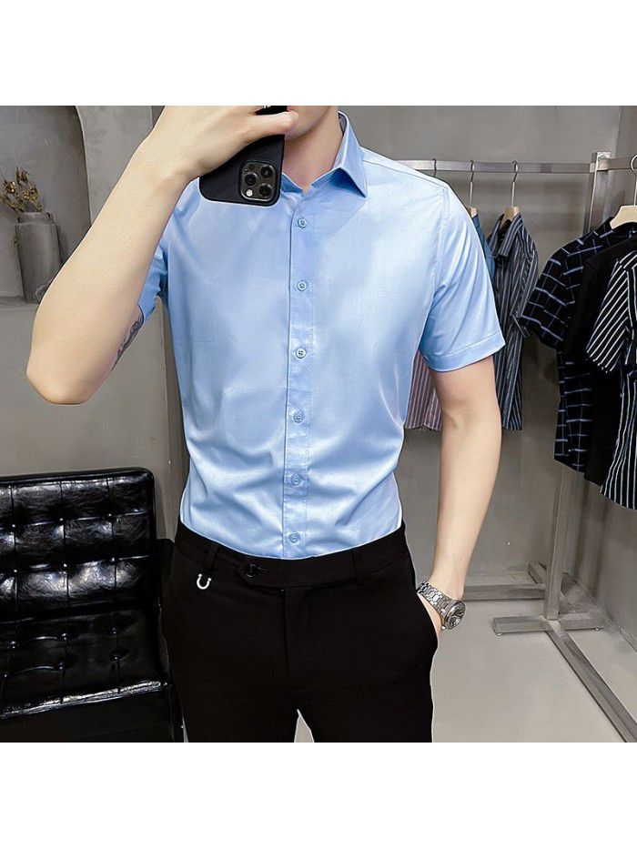  summer new men's Short Sleeve Shirt Korean casual Lapel Plaid professional thin short sleeve shirt men's 