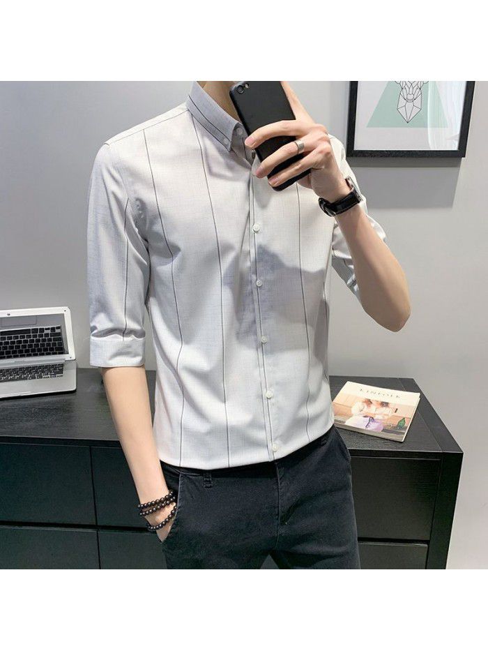  counter new men's medium sleeve shirt Korean version slim Lapel Stripe Shirt cardigan men's professional top 