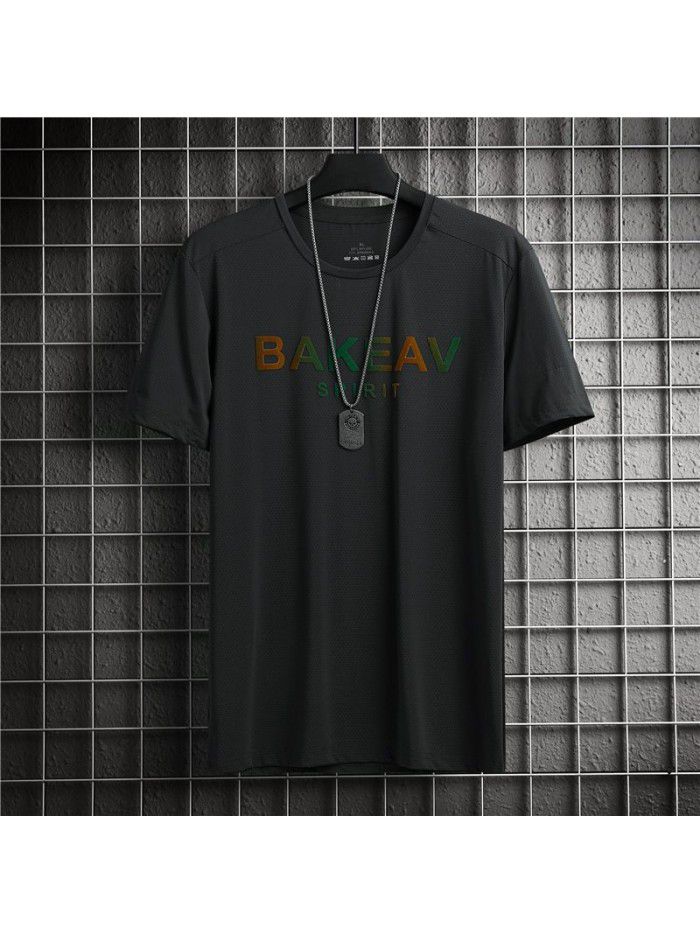 Ice cool and breathable short sleeve t-shirt men's quick drying mesh large air conditioner elastic summer men's T-shirt half sleeve 
