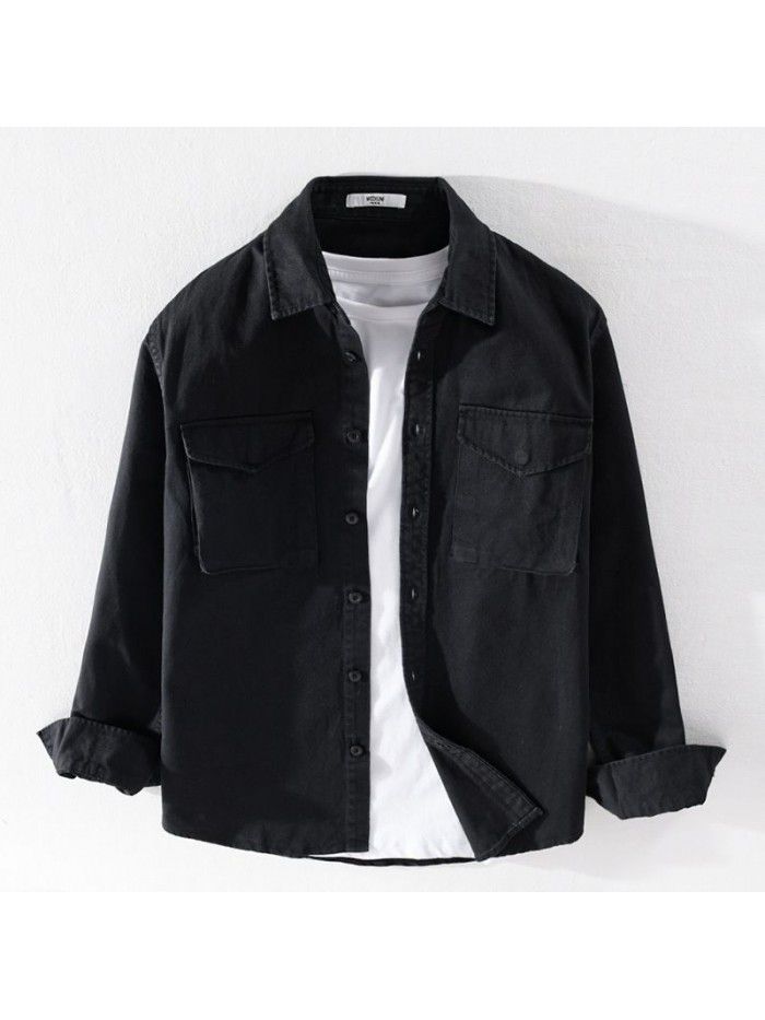 Men's spring and autumn Cotton Long Sleeve Shirt loose casual youth pure color cotton shirt coat simple versatile 9370 
